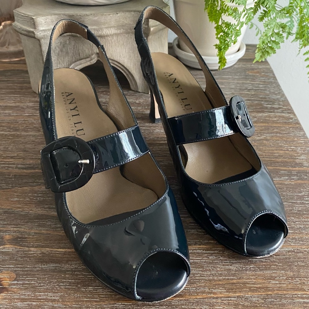 Anyi Lu Tulip Mary Jane Patent Leather Slingback Heels Pumps Navy Blue 39 / 8.5 - Picture 3 of 16